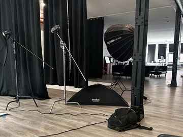 Studio set with lights and backdrops